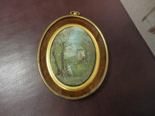 Miniature ovale signée R.M.Bizet, paysage de sous-bois