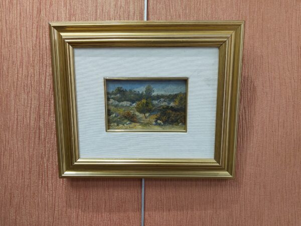 Huile sur carton encadrée, paysage, Marbec, 1911