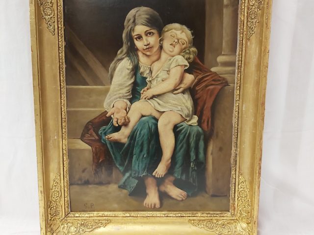 Mendiante à l&rsquo;enfant, huile sur carton encadrée