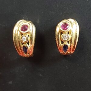 Boucles d'oreille or, rubis, diamants, saphirs